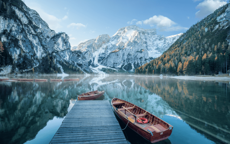 boats at a dock at Lago di Braies