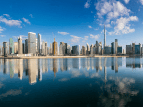 dubai skyline, water in foreground