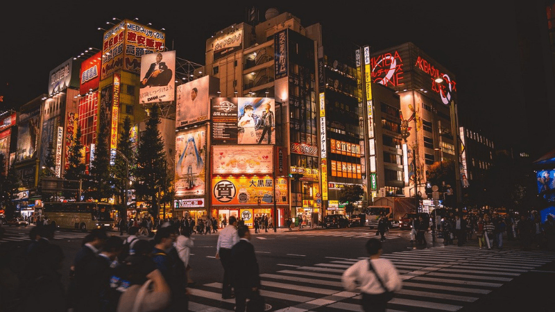 Brightly-lit intersection of Tokyo at night