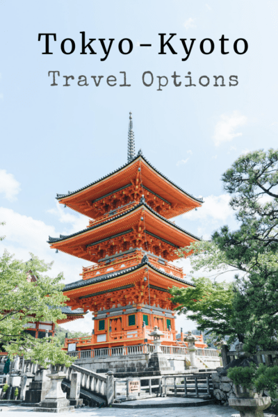 Red pagoda in Japan. Text overlay says "Tokyo-Kyoto travel options"