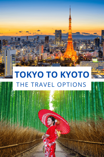 Top: Tokyo cityscape. Bottom: Woman in a red kimono with a red parasol, standing in a foerst of bamboo. Text overlay says "Tokyo to Kyoto the travel options"