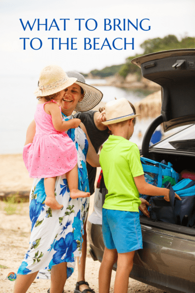 Family loading the back of a car for vacation.  Text overlay says "what to bring to the beach."