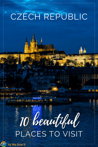 Prague Castle at twilight. Text overlay says "10 beautiful czech places to visit"