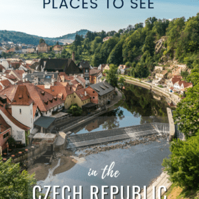 River in Cesky Krumlov. Text overlay says "10 beautiful places to see in the Czech Republic"