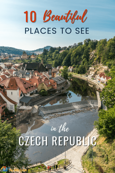 River in Cesky Krumlov. Text overlay says "10 beautiful places to see in the Czech Republic"