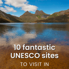 Cradle Mountain reflected in a lake. Text overlay says "10 fantastic UNESCO sites to visit in Australia"