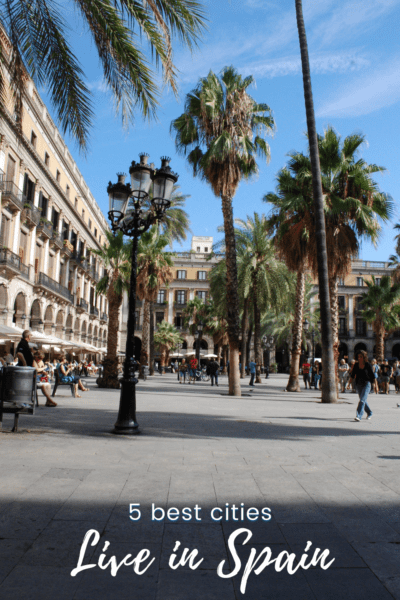 palm trees in front of a building in Spain. The text overlay says "5 best places live in Spain"