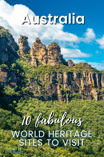 3 Sisters rock formation in Blue Mountains, New South Wales. Text overlay says "Australia 10 fabulous UNESCO sites to visit"