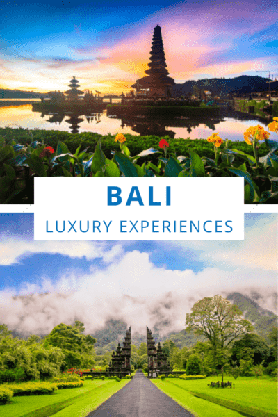 top: Pool reflecting sunset at a luxury hotel in Bali. bottom : gate at Bali Handara in Bedugul