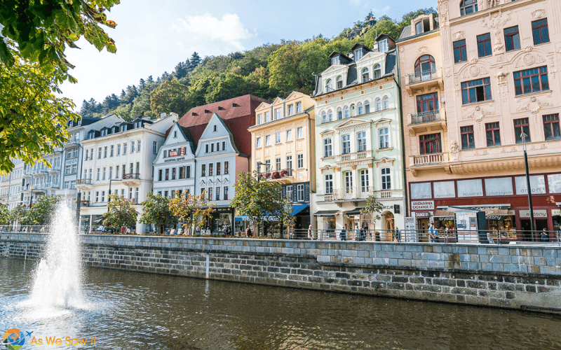 fountain in the river that runs through the center of Karlovy Vary, Czechia