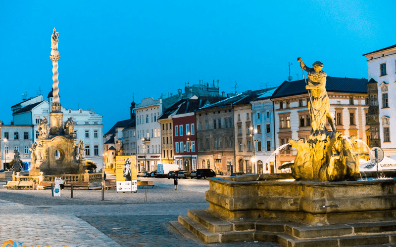 Upper Square of Olomouc at twilight.