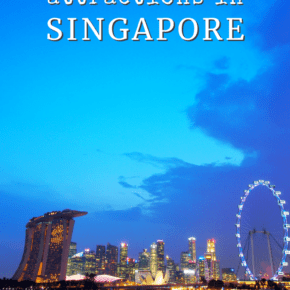 Singapore skyline.  Text overlay says "top attractions in Singapore"