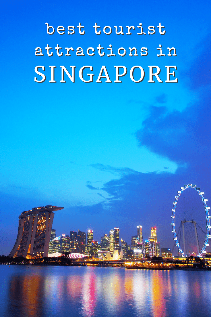 Singapore skyline.  Text overlay says "top attractions in Singapore"