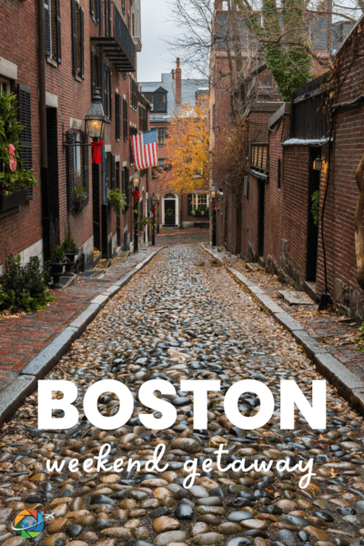 Cobbled street in Boston. Text overlay says "Boston weekend getaway"