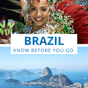 top: woman dressed up for carnaval. Bottom: Rio de Janrieo Text overlay says "brazil know before you go"