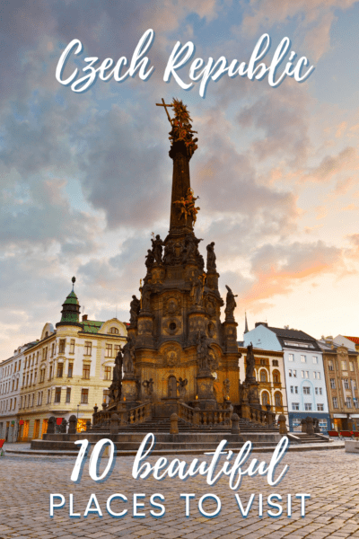 Trinity Column in Olomouc Upper Square. Text overlay says "Czech Republic 10 beautiful places to visit"