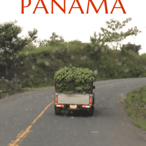 Truck carrying bananas. Text overlay says "guide to driving in Panama - essential tips for your trip"