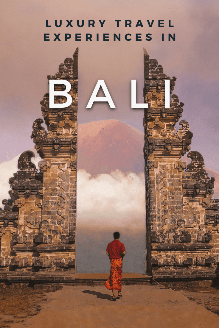 Gate at Pura Lempuyang Bali Indonesia. Text overlay says "lusury travel experiences in Bali"