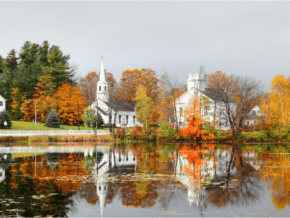 New England coastal town as seen from the water