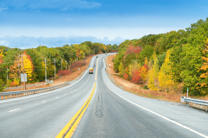 Road leading through New England fall colors