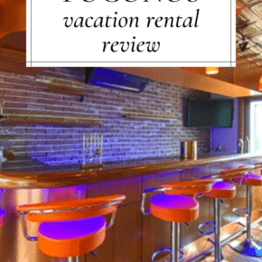 Bar of the vacation home rental. Text overlay says "Poconos Vacation Rental Review"