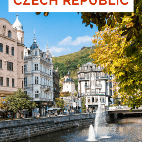 Fountain in the river at Karlovy Vary. Text overlay says "pretty places in the Czech Republic"