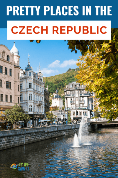 Fountain in the river at Karlovy Vary. Text overlay says "pretty places in the Czech Republic"