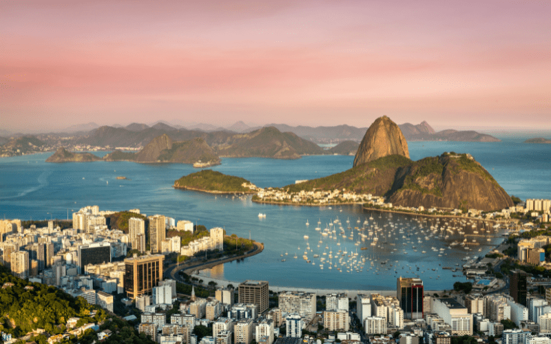 Sugarloaf Mountain and Rio de Janeiro at sunset in Brazil