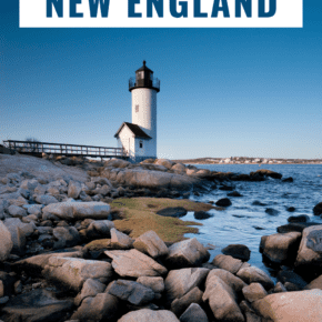 New England lighthouse. The text overlay says "road trip New England"