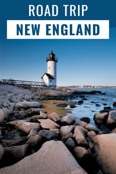 New England lighthouse. The text overlay says "road trip New England"