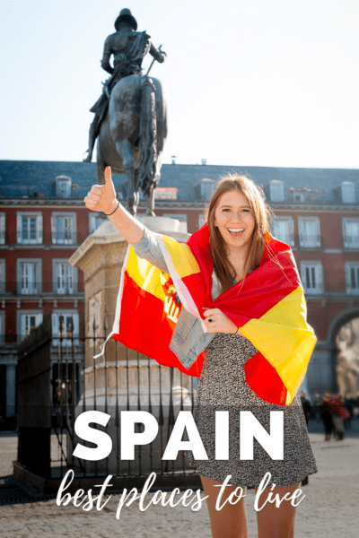 Woman draped in the flag of Spain.  The text overlay says "Spain best places to live"