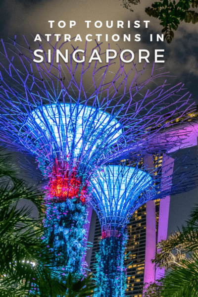 supertrees at Gardens by the Bay illuminated after dark. Text overlay says "top tourist attractions in Singapore"