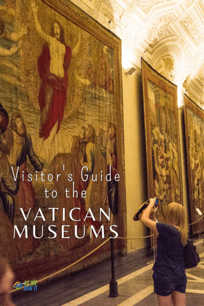 Woman taking a picture of a tapestry. Text overlay says "visitor's guide to the Vatican Museums."