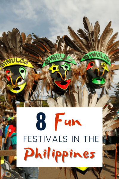 Three sinulog masks. Text overlay says "8 fun festivals in the Philippines"