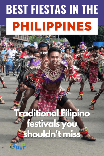 Men in a Filipino parade performing a dance. Text oerlay says "Best fiestas in the Philippines: Traditional Filipino festivals you shouldn't miss" 
