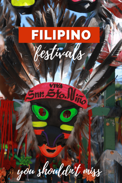 Feathered festival mask. Text overlay says "filipino festivals you shouldn't miss"