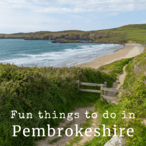Ocean and rocky coastline of Pembrokeshire. Text overlay says "Fun things to do in Pemrokeshore"