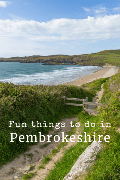 Ocean and rocky coastline of Pembrokeshire. Text overlay says "Fun things to do in Pemrokeshore"