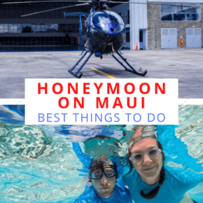 top: Helicopter ready for a tour. Bottom: Couple snorkeling. Text overlay says "honeymoon on Maui best things to do"