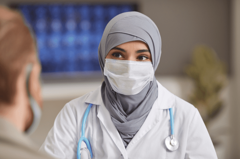 Muslim doctor wearing a hijab.