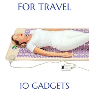 woman on a PEMF mat. Text overlay says "pain relief for travel 10 gadgets you will love"