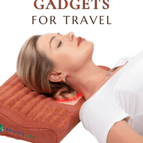 woman on a FIR pillow. Text overlay says "pain relief gadgets for travel"