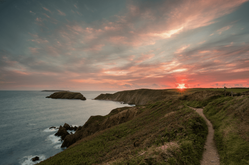 Sun setting Pembrokeshire Coast Path