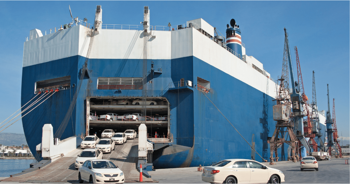 cars driving out of a ro-ro ship