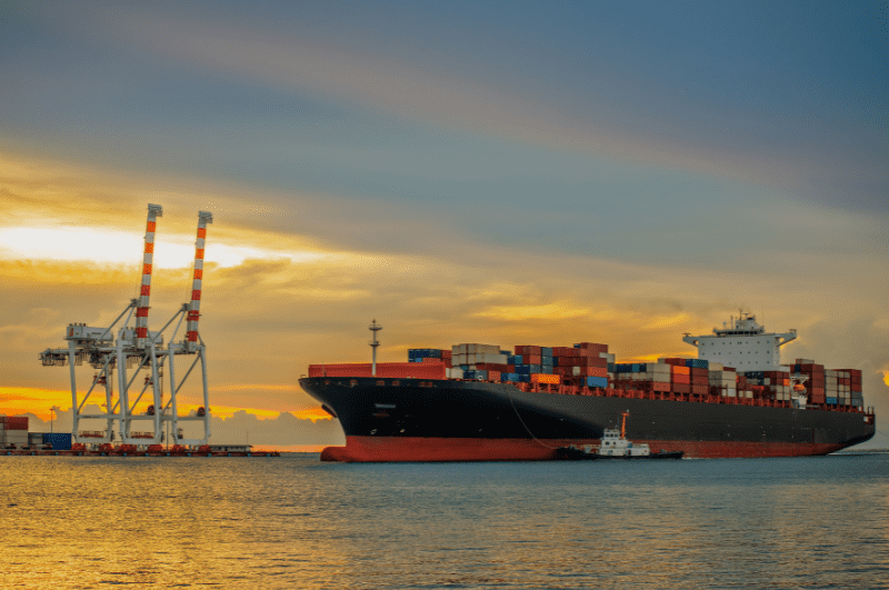 ro-ro ship with sunset in background