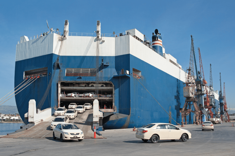 cars driving out of a ro-ro ship 