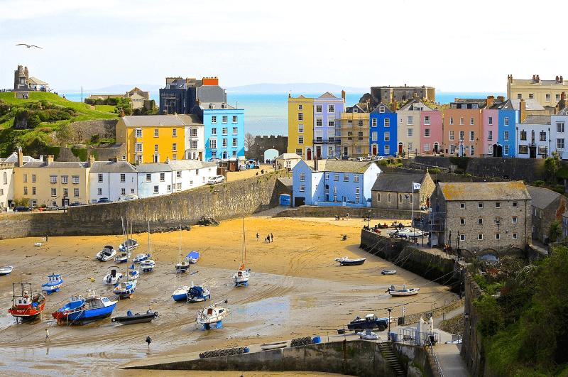 Harbor and colorful homes in Tenby, Pembrokeshire, Wales