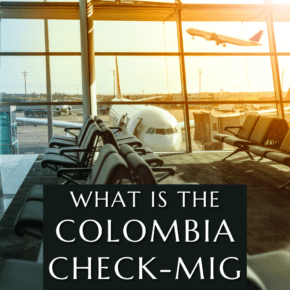 Seats at an airport gate with plane taking off in the background. Text overlay says "what is the Colombia Check-MIG and why do you need one?" 