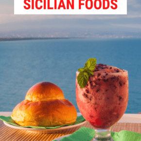 Glass of granita and a briosche, with ocean in the background. Text overlay says "17 delicious Sicilian foods"
