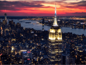 Empire State Building and New York City skyline at sunset